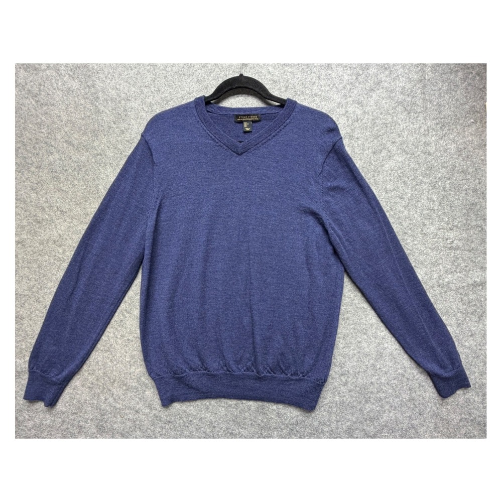 Ethan Pierce Blue Extra Fine Merino Wool V-Neck Sweater Mens Large Heathered